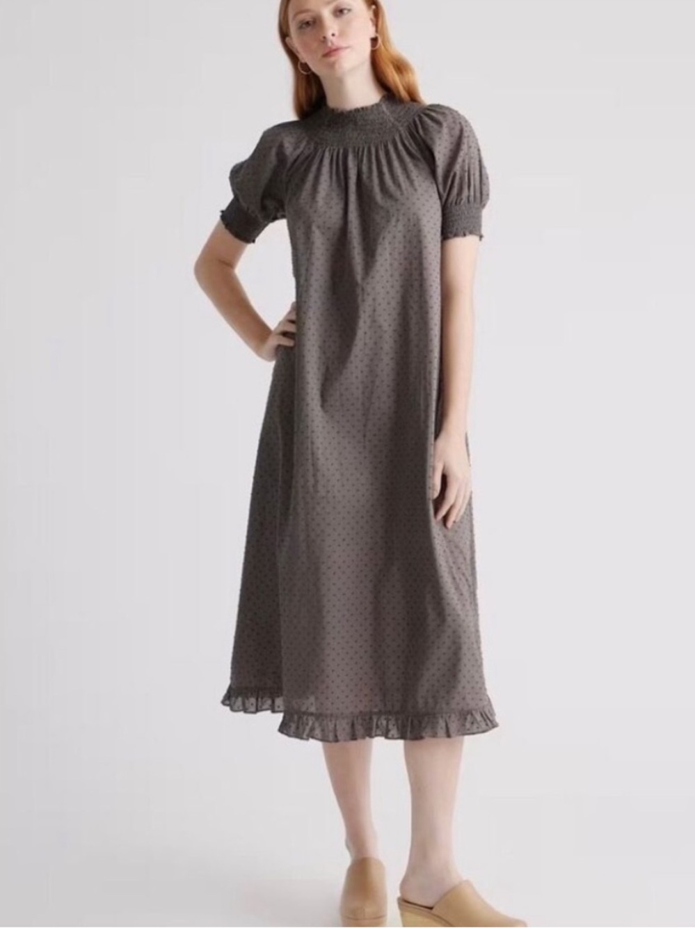 Quince Charcoal Gray Swiss Dot Smocked Midi 100% Cotton Puff Sleeve Large